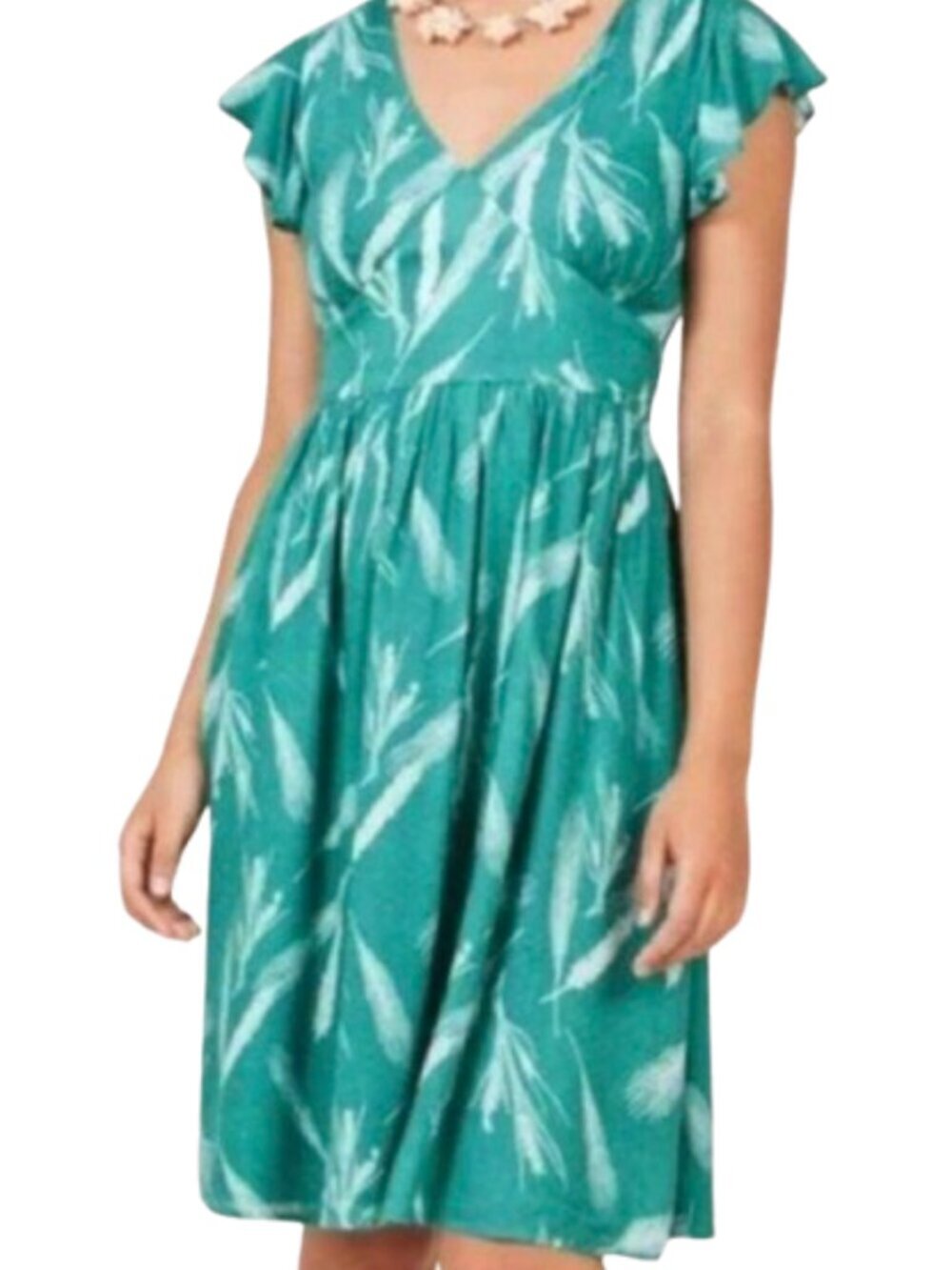 Women's M Mod Cloth V-Neck Flutter Sleeve Green Wheat Print A-Line Midi Dress